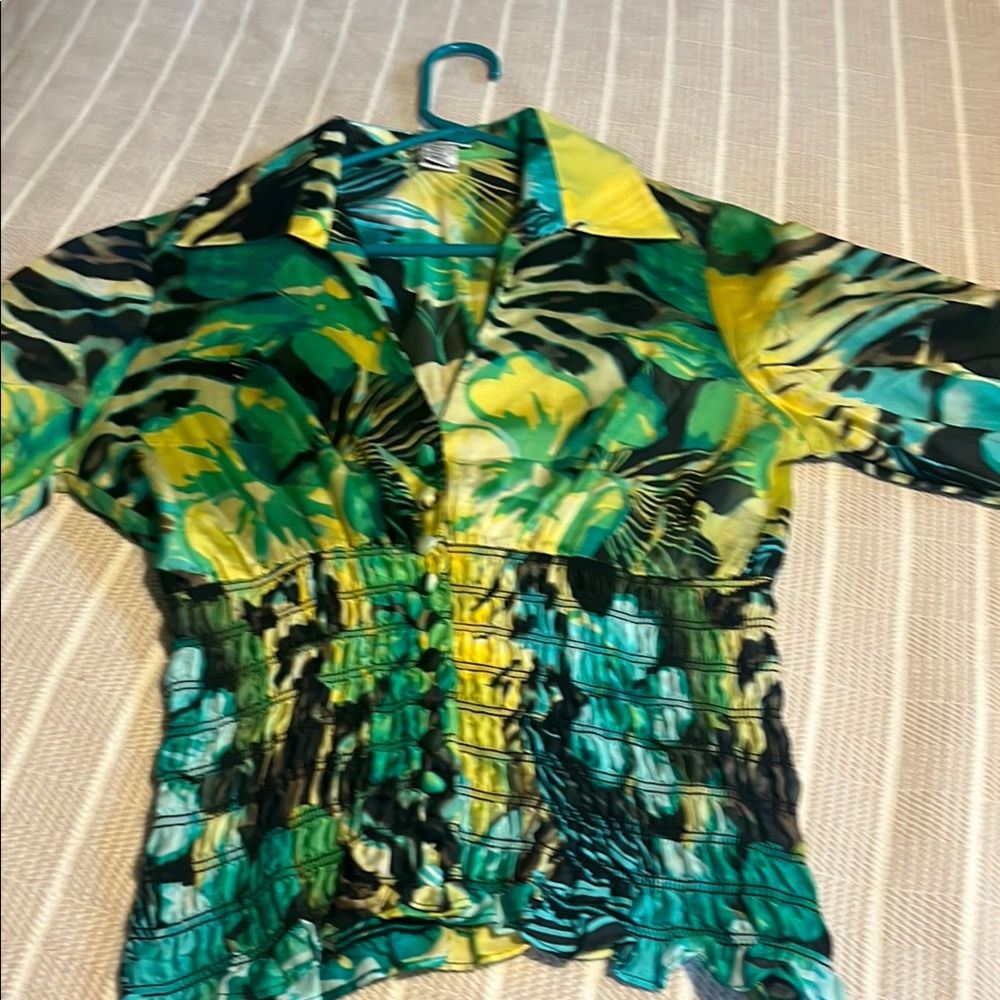 Vibrant Green and Yellow Patterned Blouse